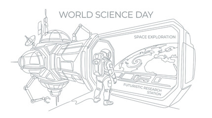 Naklejka premium Astronaut at Futuristic Space Station Line Art Illustration