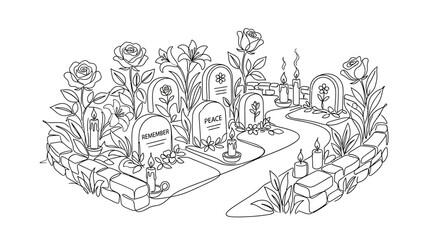 Fototapeta premium Cemetery Grave Markers with Flowers and Candles Line Art