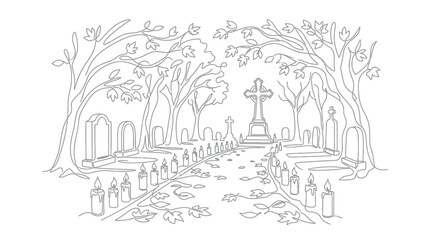 Fototapeta premium Cemetery Path with Gravestones and Candles Line Art