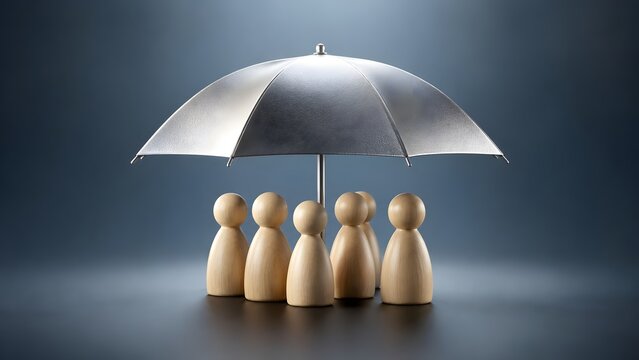 Strong Metallic Silver Umbrella Protecting a Group of Wooden Peg Figures Concept for Premium Insurance and Financial Security