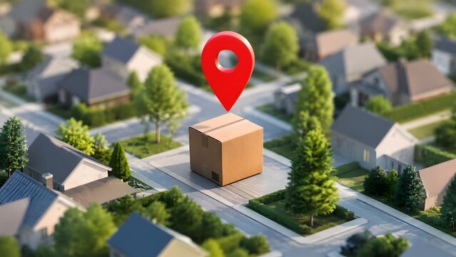 3D Cardboard Delivery Box with Red Location Pin in Miniature Suburban Neighborhood Representing Local Logistics and Package Tracking
