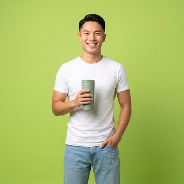 Smiling Asian man holding a reusable coffee cup against a green background