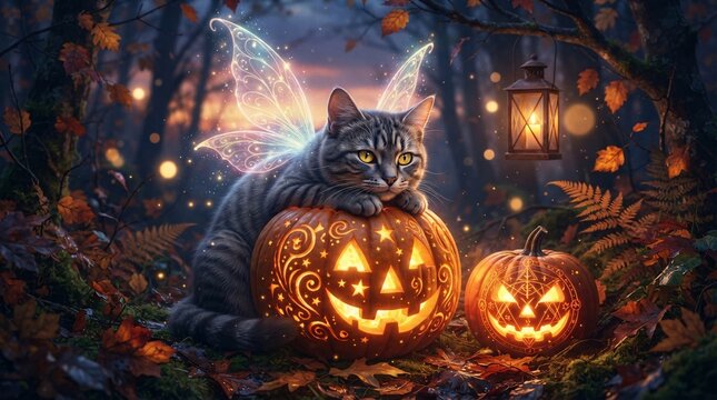 A magical gray tabby cat with glowing fairy wings resting on an intricately carved Halloween pumpkin