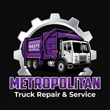 Metropolitan garbage truck logo design showcasing a purple sanitation vehicle over a mechanical gear silhouette.