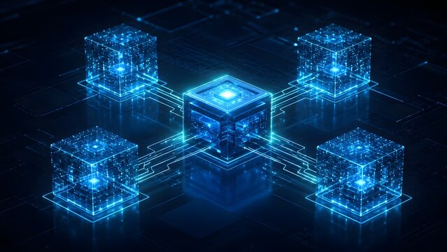 Isometric Glowing Blue Data Cubes Connected by Circuit Lines Representing Decentralized Blockchain Network and Cloud Server Infrastructure