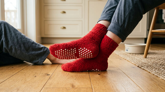 Cozy Red Fuzzy Socks With Gripper Dots Resting On A Wooden Floor Indoors