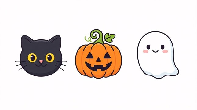 A trio of cute cartoon icons featuring a black cat face a jack-o-lantern pumpkin and a friendly ghost