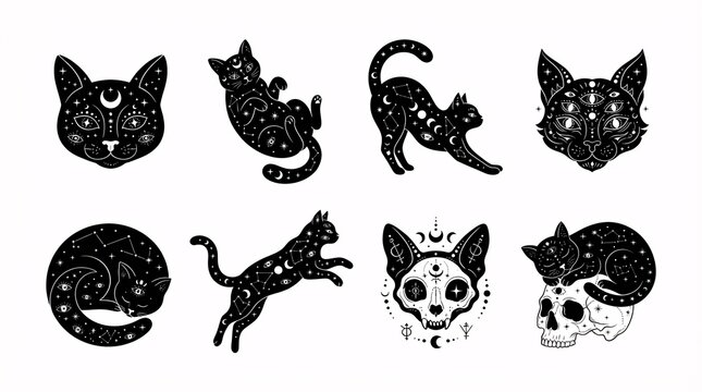 A mystical collection of black cat illustrations featuring celestial motifs and occult symbolism