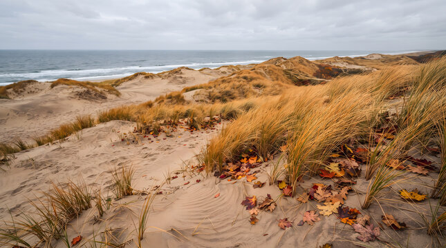 Expansive coastal landscape featuring undulating sand dunes covered in golden autumn grass and scattered fallen leaves, stretching towards a vast ocean under an overcast sky