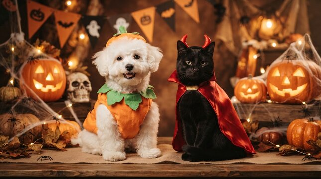 A cute Bichon Frise dressed as a pumpkin sits next to a black cat in a devil costume for Halloween