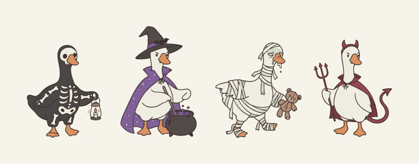 Obraz premium Funny Goose Halloween Costume Set - Skeleton Witch Mummy and Devil Birds