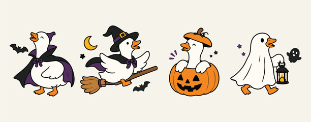 Fototapeta premium Kawaii Halloween Duck and Goose in Costumes Set Witch Ghost Vampire Pumpkin
