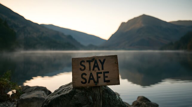 Stay safe wooden sign on rocks beside calm mountain lake.
