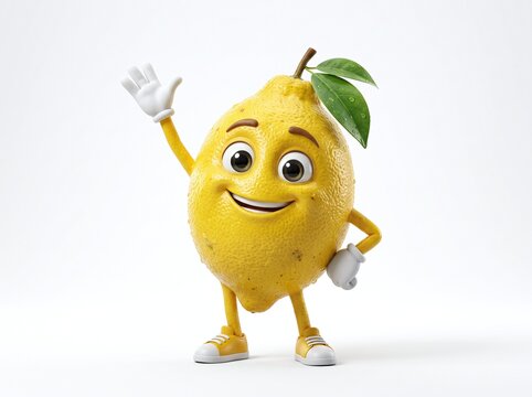 A cute cartoon lemon character waving hello with a friendly smile. This anthropomorphic lemon is wearing shoes and has a happy expression