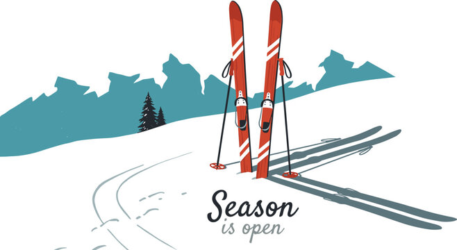 Winter season is open horizontal banner with red alpine ski gear standing on snowy mountain slope