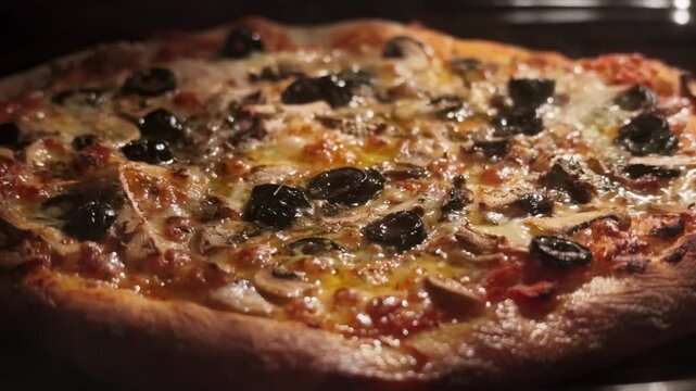 A close-up shot captures a freshly baked pizza inside a hot oven, highlighting the bubbling melted cheese and glossy texture under warm lighting.