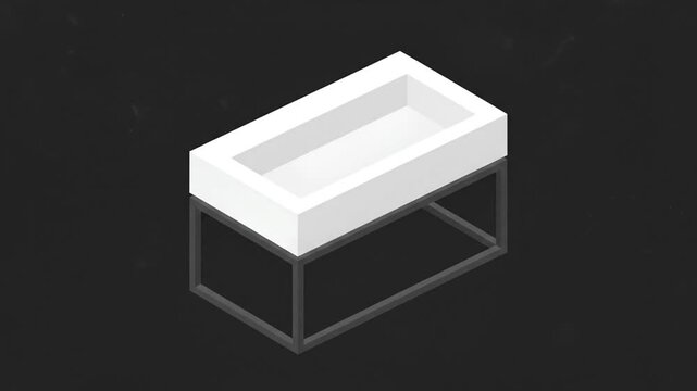 Isometric 3D render of a modern white bathroom sink on a black metal frame stand over a dark background.