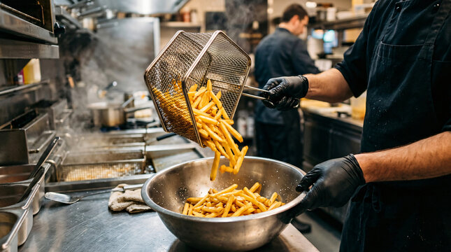 Action shot professional chef hands black gloves pouring golden crispy french fries deep fryer basket stainless steel bowl restaurant kitchen background commercial food photography scene