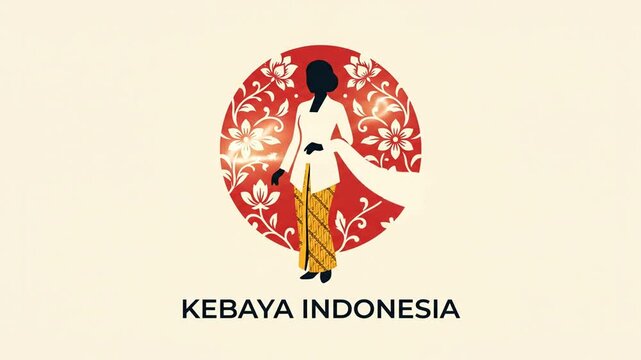 Animated logo of a woman wearing traditional Indonesian kebaya dress with batik skirt, featuring glowing light effects and floral backdrop
