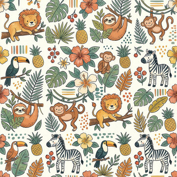 Cute jungle wild animals with tropical leaves seamless pattern illustration