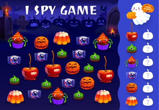 I spy game worksheet with Halloween holiday sweets and monster candy, cartoon vector quiz. Kids I spy game puzzle with Halloween spooky sweets, pumpkin cookie and spider cupcake or eyeball caramel