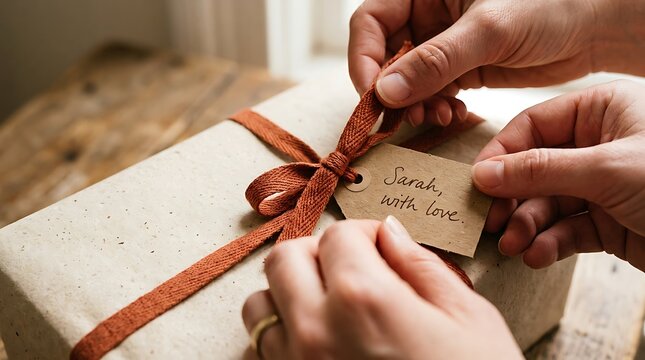 Hands tying a ribbon on a gift box with a handwritten tag saying Sarah with love