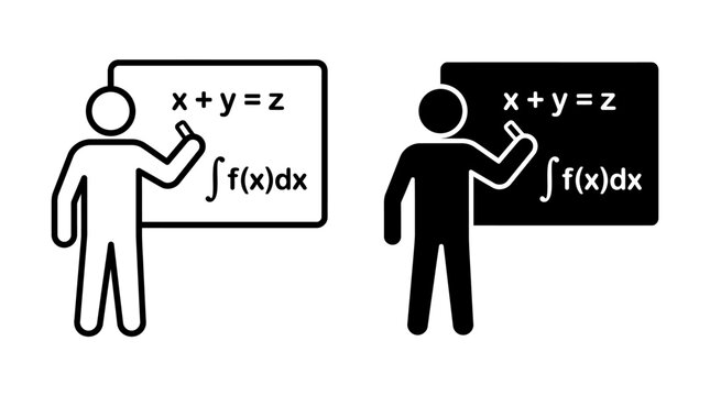 Set of two teacher or student icons writing mathematical equations on a chalkboard.