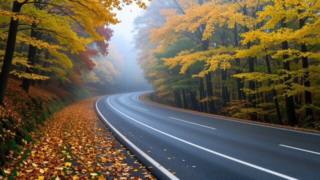 Empty winding road through colorful autumn forest landscape with vibrant yellow, orange, and green foliage during daytime, scenic outdoor travel scene
