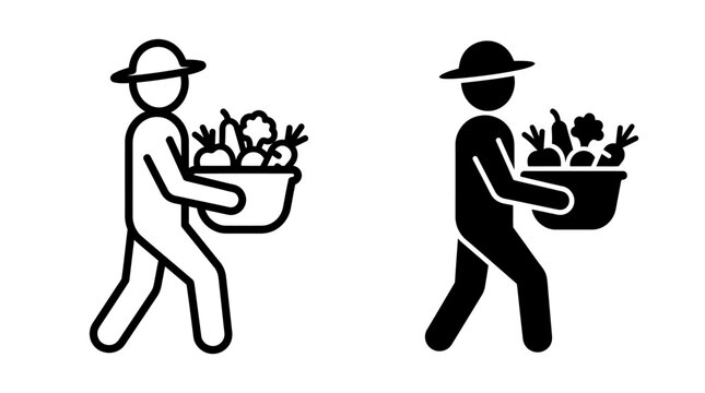 Set of farmer icons carrying a basket of fresh vegetables in flat style.