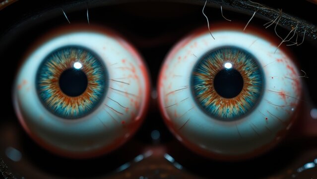 Close-up of human eyes with detailed irises and blood vessels, vibrant blue and brown colors, medical or healthcare concept for eye care or vision health