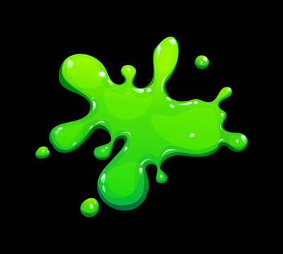 Bright green viscous ooze droplet with dynamic splatter burst. Toxic hazard spill emblem with flowing glossy trails for children book illustrations, arcade interface graphics or youth apparel prints