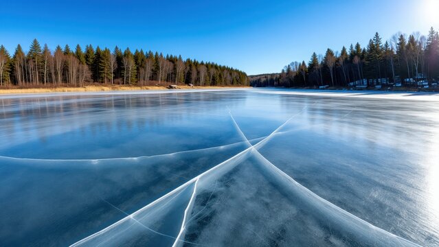 Winter Scene Showing a Lake with Cracks and a Forested Shoreline Under Clear Blue Sky