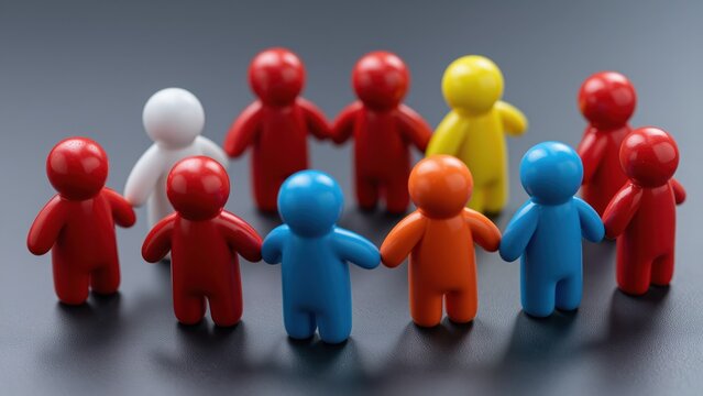 Colorful Toy Figure People Standing in a Circle on a Black Surface with a Gray Background, Representing Teamwork, Diversity, and Collaboration