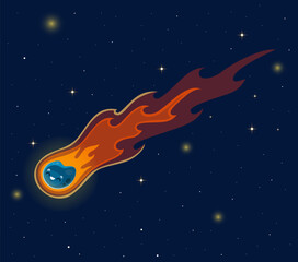 Vibrant flying comet illustration with textured icy blue asteroid with happy expression. Cartoon solar system asteroid with long flame tail for outer space nursery wall art and party invitations © Seavector