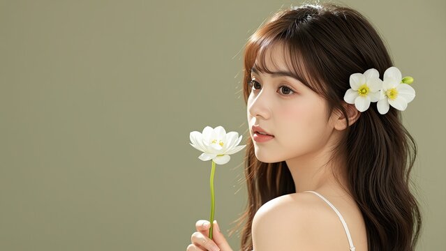 Young woman with long brown hair and white flowers in hair holding a single white flower against a plain light background