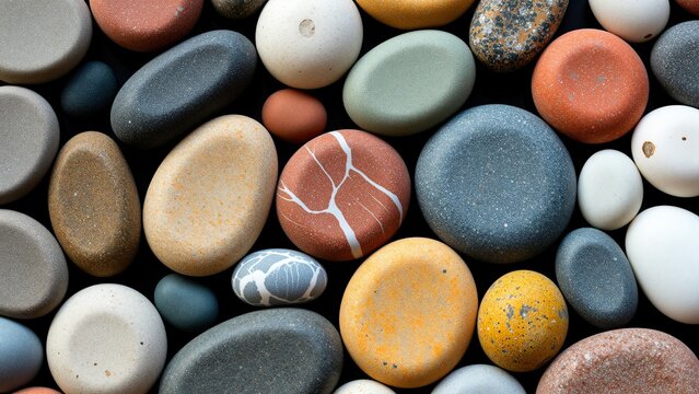 Close-up of Various Smooth, Multicolored Pebbles and Stones with Natural Texture and Rounded Shapes for Landscaping, Decor, or Meditation
