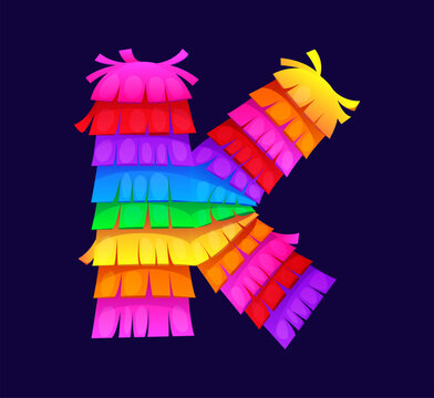 Cartoon pinata font, Mexican holiday letter K typeface. Colorful layered paper fringe in rainbow colors. Vector ABC type festival English alphabet for Mexican fiesta party invitations and posters