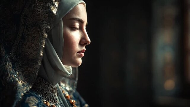 Medieval woman in ornate blue dress in cinematic lighting