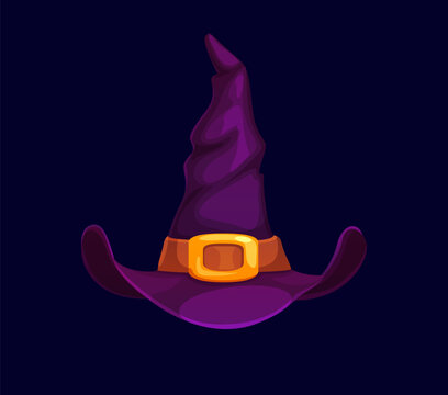 Halloween funny witch hat with golden buckle. Whimsical, purple cartoon witch hat with crumpled pointed top and ribbon band. Playful vector accessory for Halloween party graphics, costume design