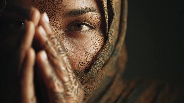 Middle Eastern woman with face henna and patterned hijab