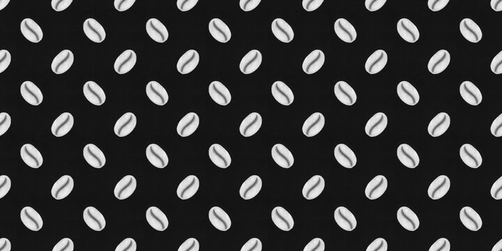 High-contrast white coffee beans on a dark black background seamless pattern for cafe packaging, dark mode themes, and modern banners.