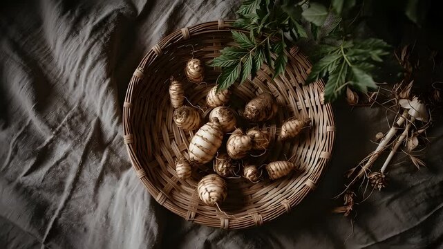Jerusalem Artichokes in a Woven Basket on Rustic Fabric