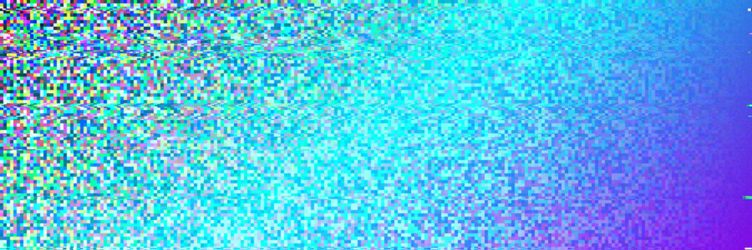 Vibrant Retro Glitch Dither Pixel Noise Banner, Cyberpunk Gradient Pixel Art Texture Representing Digital Distortion and Technology