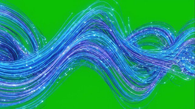 Abstract blue purple optical fiber technology light, flowing particles evoking wonder, dynamic movement, abstract optics, vibrant green background