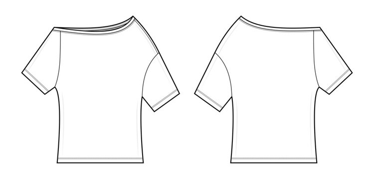 Off Shoulder T-Shirt Technical Fashion Illustration. Loose Fit Short Sleeve Top Vector Template. Front and Back View. Women&rsquo;s Apparel. Jersey Knit. CAD Fashion Flat.