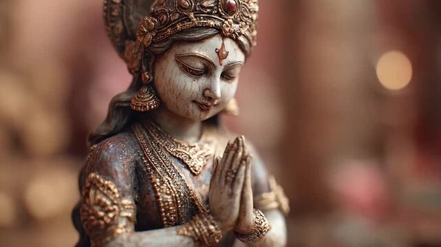 Bronze deity statue in a praying mudra pose.