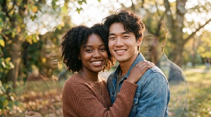 Fototapeta premium Happy multiethnic couple embracing outdoors in autumn park, diverse people in love portrait.
