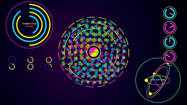A vibrant printing matrix displayed through circular monitor animations showing color dot calibration and data feedback loops across three distinct graphical user interface system control panels