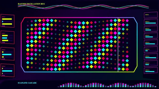 The intricate printing matrix displays shifting geometric squares in vibrant neon colors moving across a digital dashboard interface featuring rhythmic wave patterns and glowing data streams