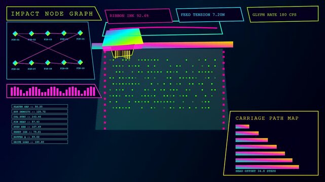 A digital printing matrix interface displays dynamic data streams with neon graphs and shifting geometric patterns across three distinct panels showing mechanical system monitoring in operation